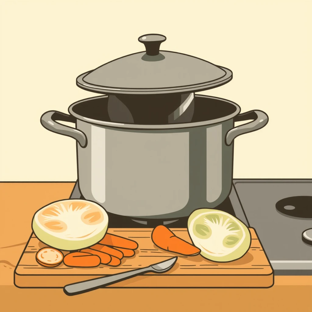 鍋とまな板の野菜のポスター風イラスト