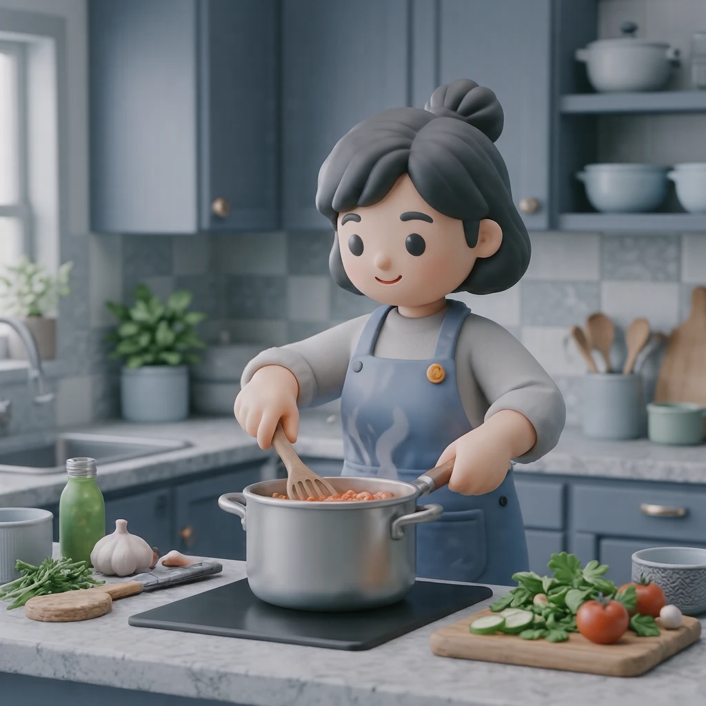 キッチンで料理する人のイラスト（ソフト3D）