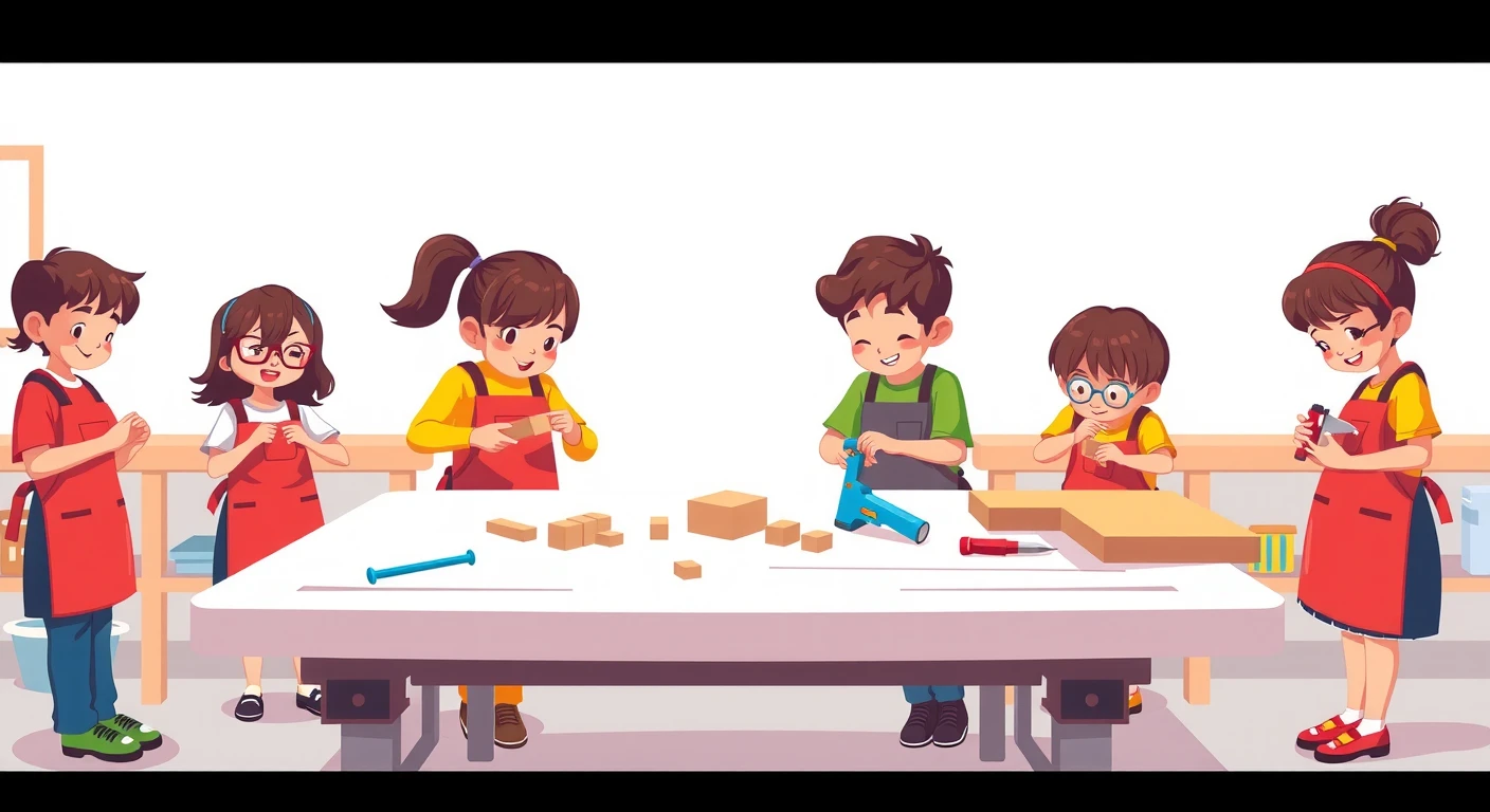 図工の授業で木工作に取り組む生徒のイラスト