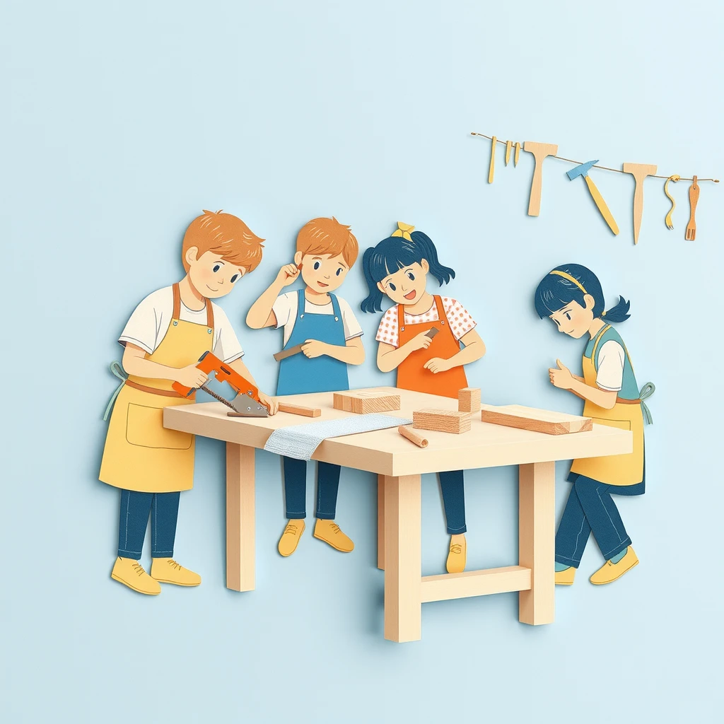 図工の授業で木工作に取り組む生徒のイラスト