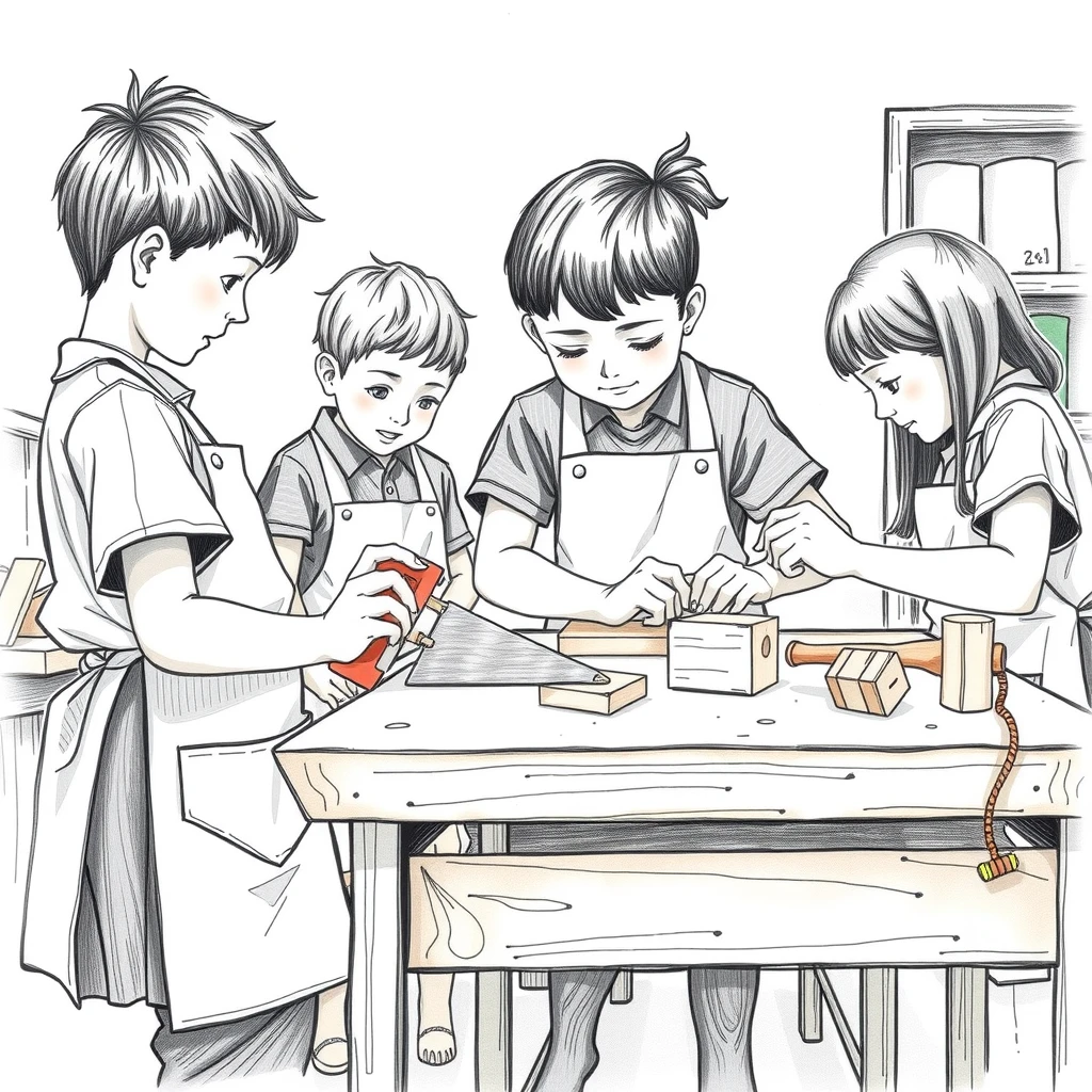 図工の授業で木工作に取り組む生徒のイラスト