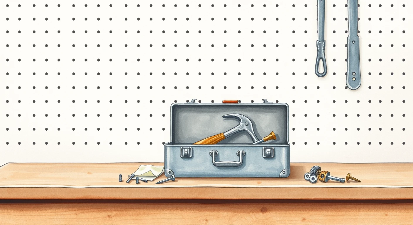 図工室の道具箱と金づち・歯車のイラスト（水彩）