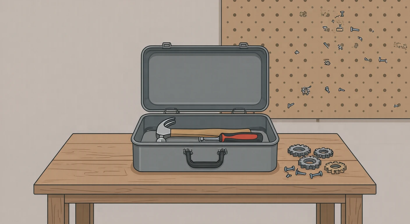 図工室の道具箱と金づち・歯車のイラスト（フラットイラスト）