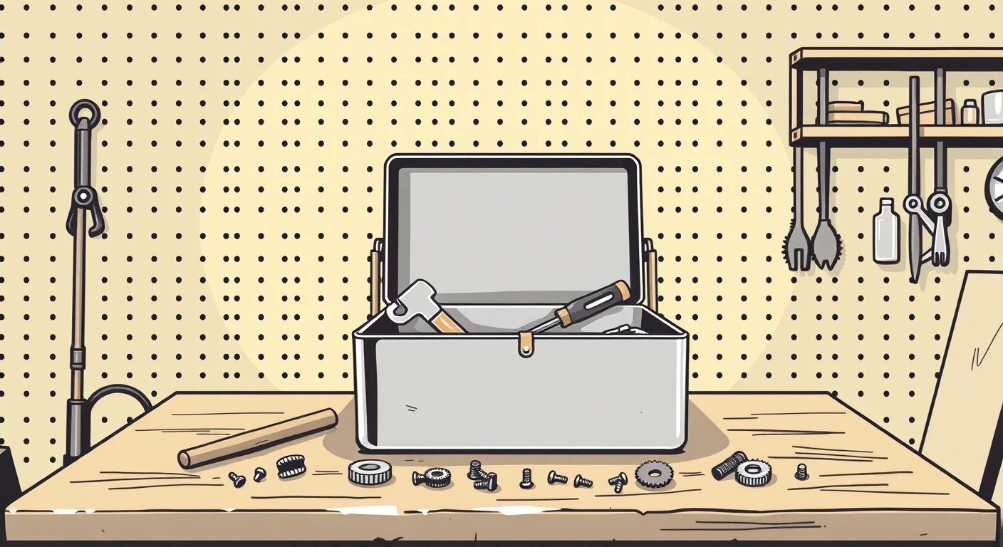 図工室の道具箱と金づち・歯車のイラスト（グラフィックポスター）