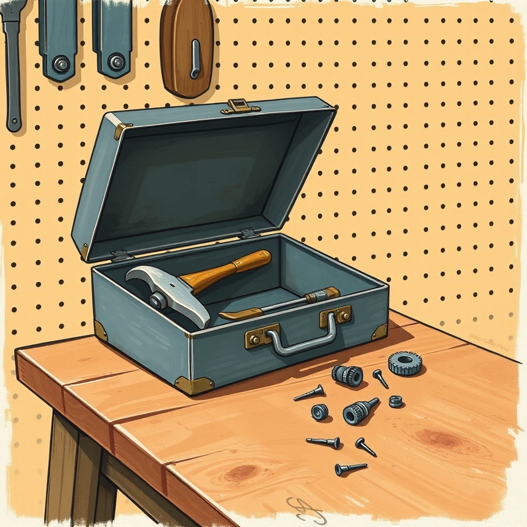 図工室の道具箱と金づち・歯車のイラスト（グアッシュ）