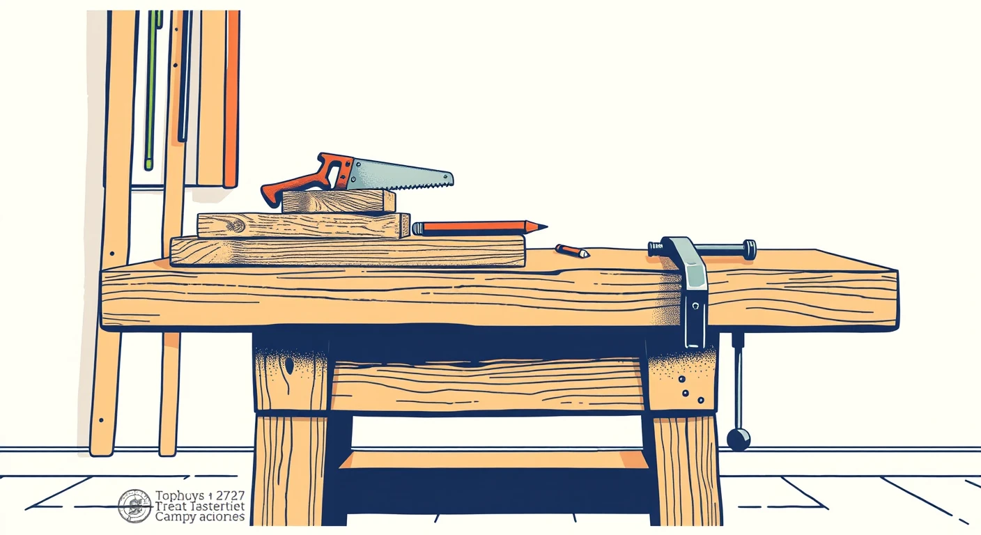 図工室の作業台に置かれた木工道具のシンプルな線画イラスト