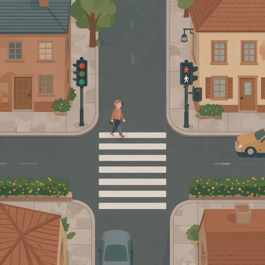 横断歩道と信号機のある街角のイラスト(フラットイラスト)