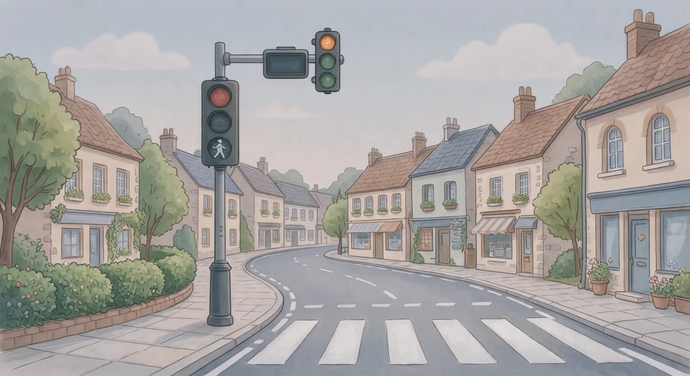 横断歩道と信号機のある街角のイラスト(ソフトパステル)