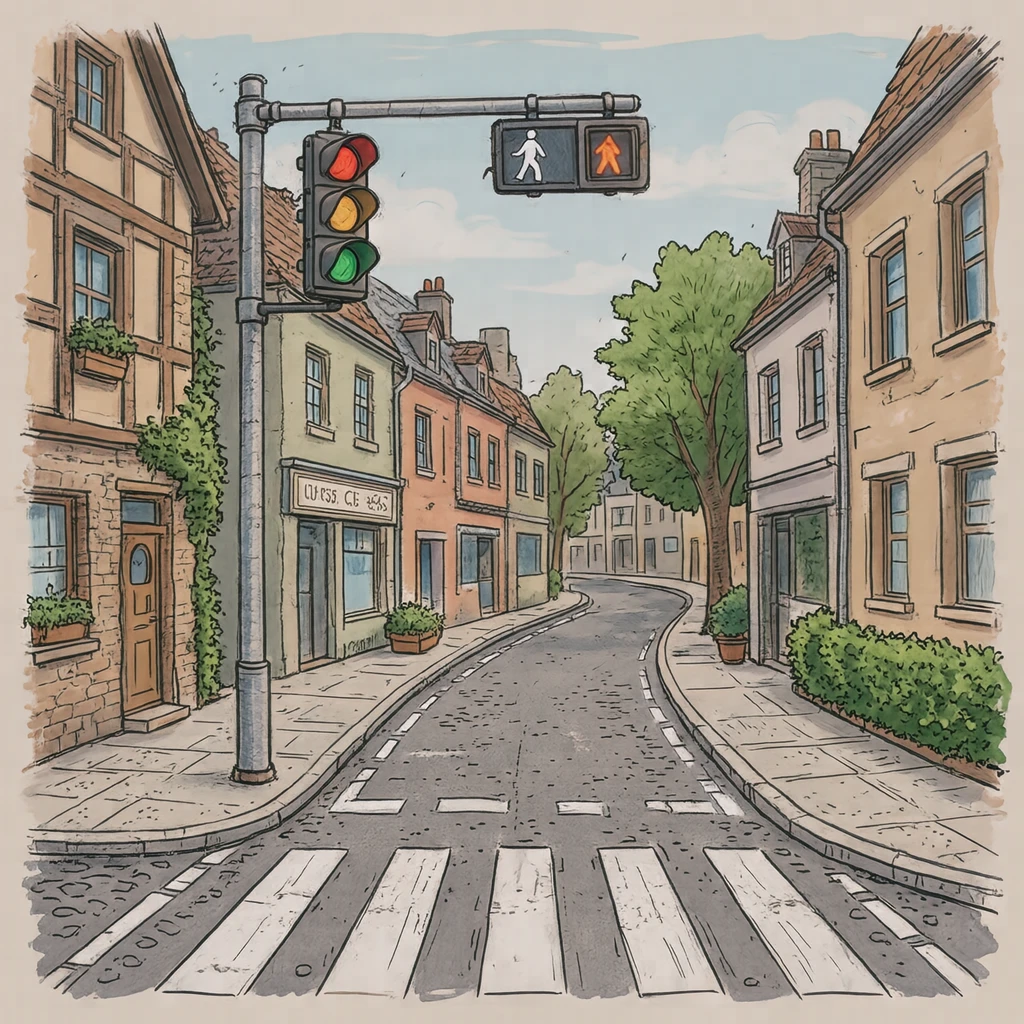 横断歩道と信号機のある街角のイラスト(手描き風)