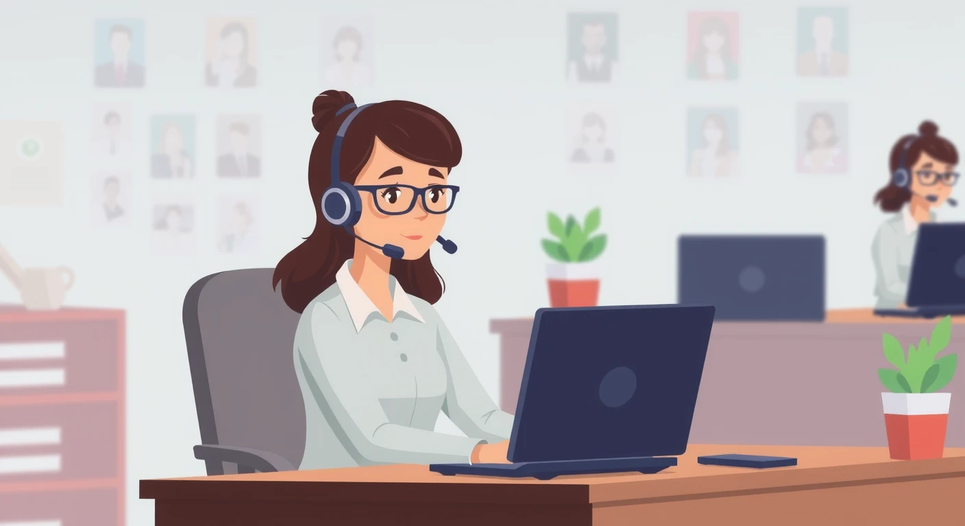 Illustration of support agent, customer support, communication, headset, desk, in a call center