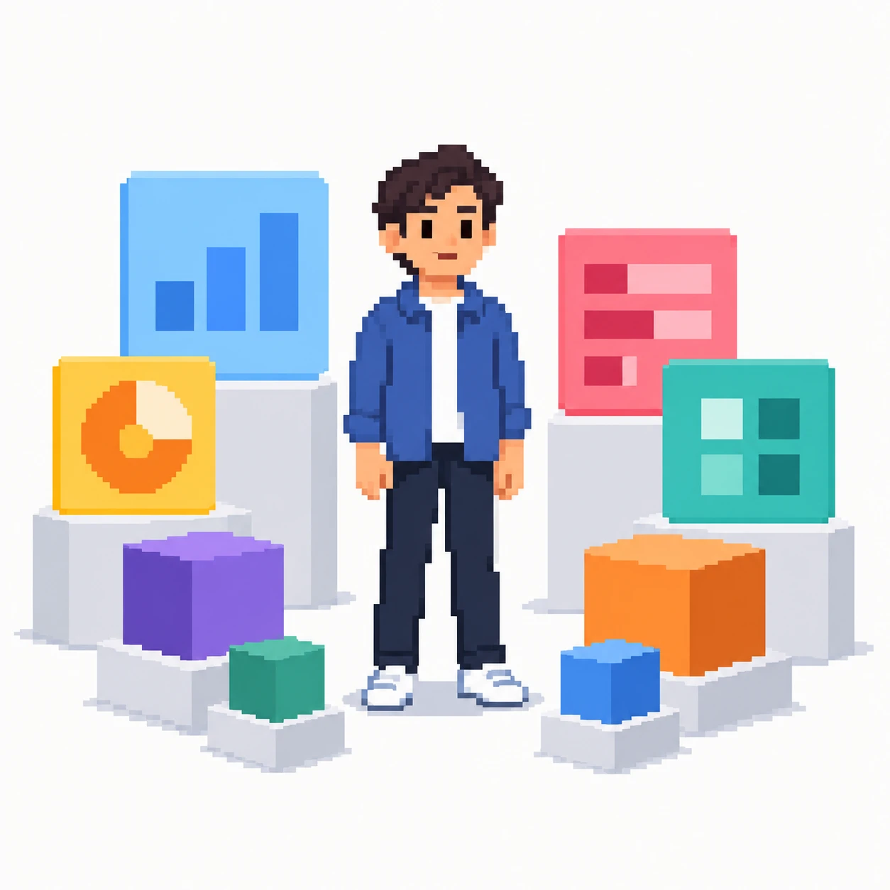 抽象的なデータブロックとカードを持つ人のイラスト（ドット絵）
