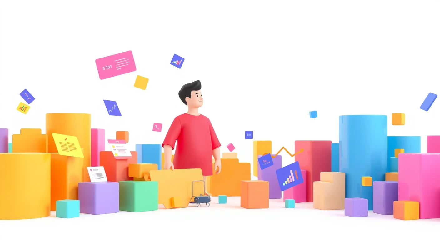 抽象的なデータブロックとカードを持つ人のソフトな3Dイラスト