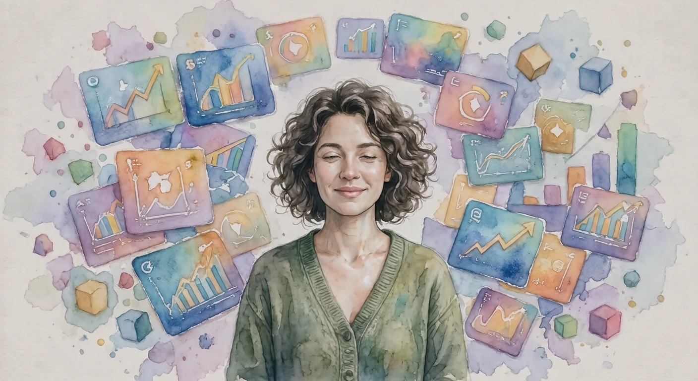 Illustration of a person with abstract data blocks and cards (watercolor)