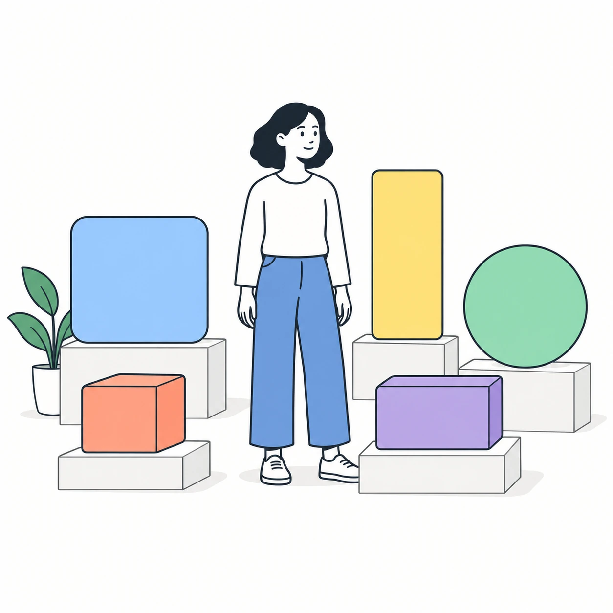 抽象的なデータブロックとカードを持つ人のイラスト（シンプル線画）