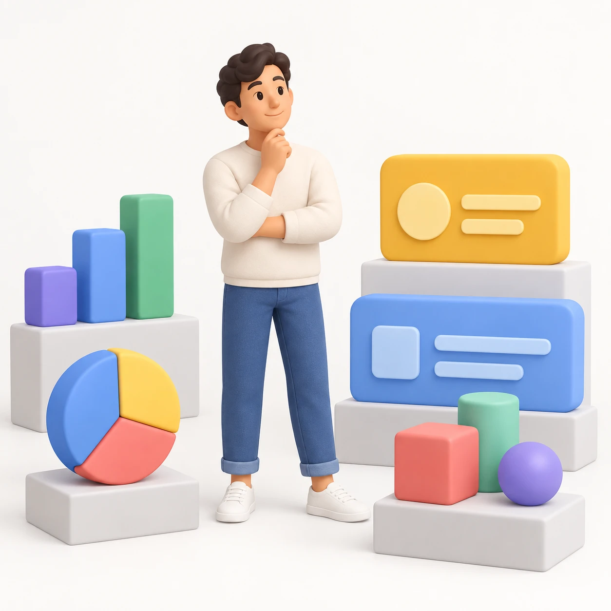 抽象的なデータブロックとカードを持つ人のイラスト（ソフト3D）
