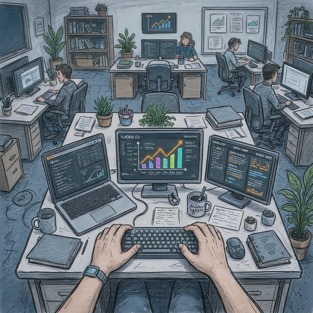 デスクでグラフを見ながらデータを分析する人のイラスト(手描き風)