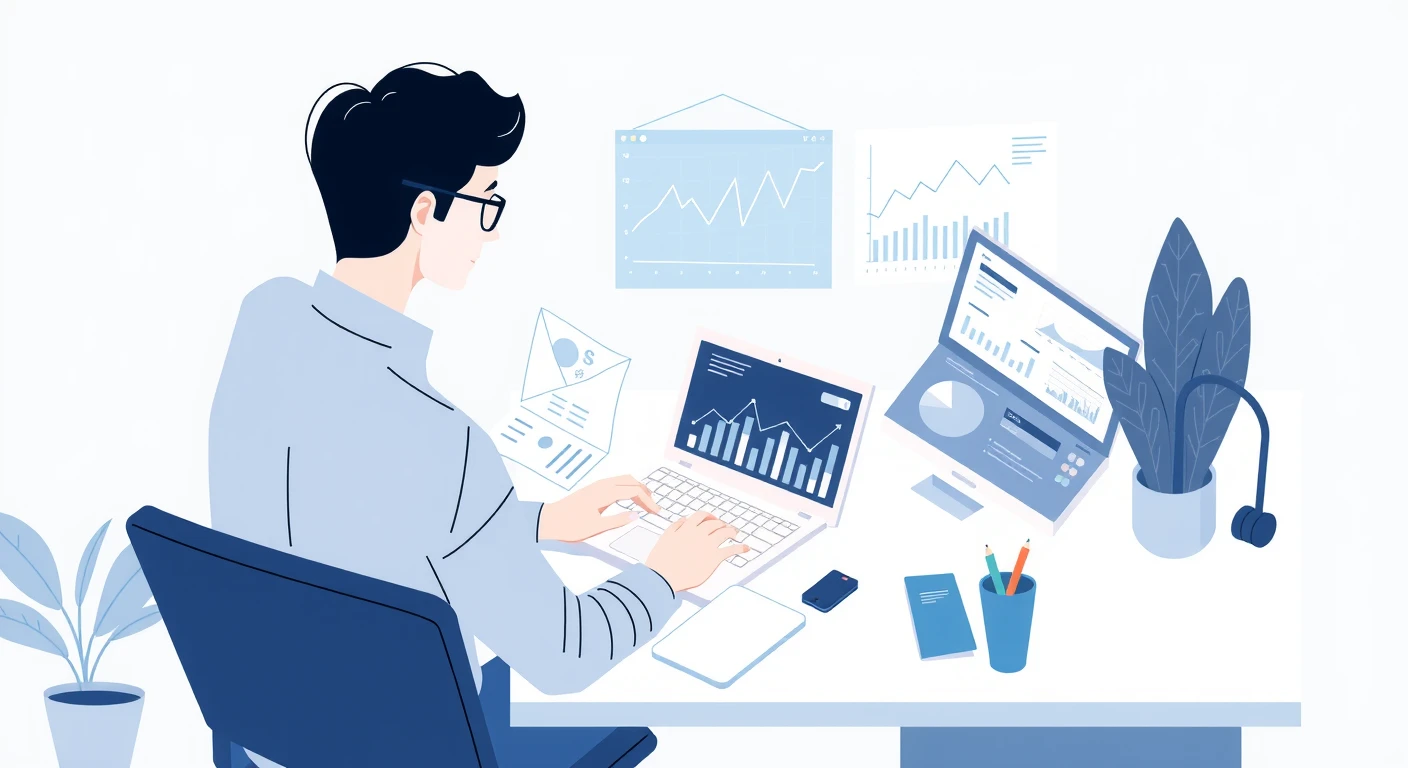 Illustration of analyst, data analysis, data block, data card, in an office