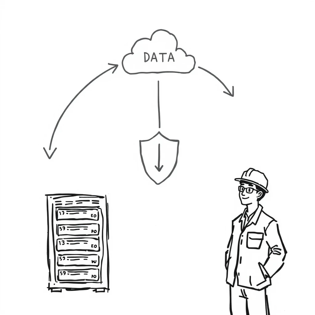 サーバーからクラウドへデータを複製するバックアップの手描き風イラスト