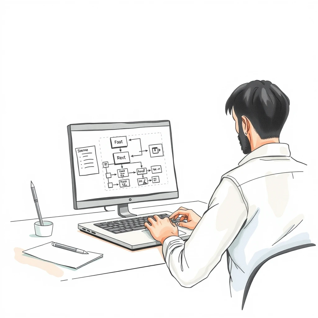 データベース設計をするエンジニアの水彩イラスト