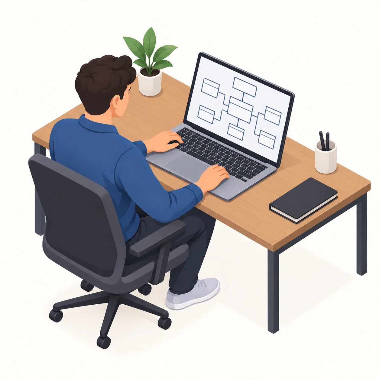 データベース設計をするエンジニアのイラスト(アイソメトリック)