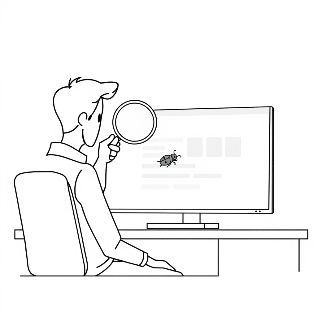 虫めがねでモニターのバグを探す開発者のイラスト