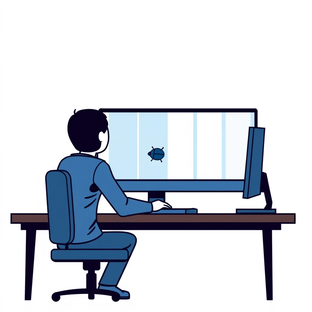 画面のバグを追う開発者のポスター風イラスト
