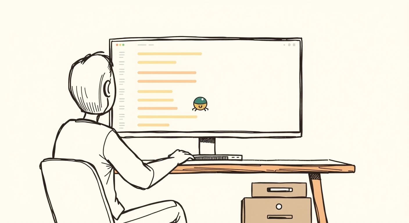 画面のバグを追う開発者の手描き風イラスト