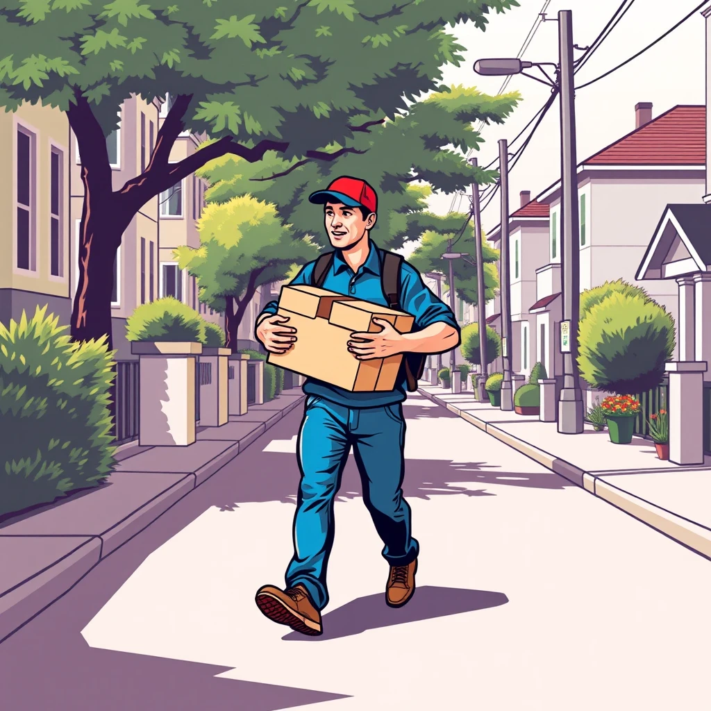 配達の通りで段ボール箱を運ぶ配達員のイラスト（グラフィックポスター）