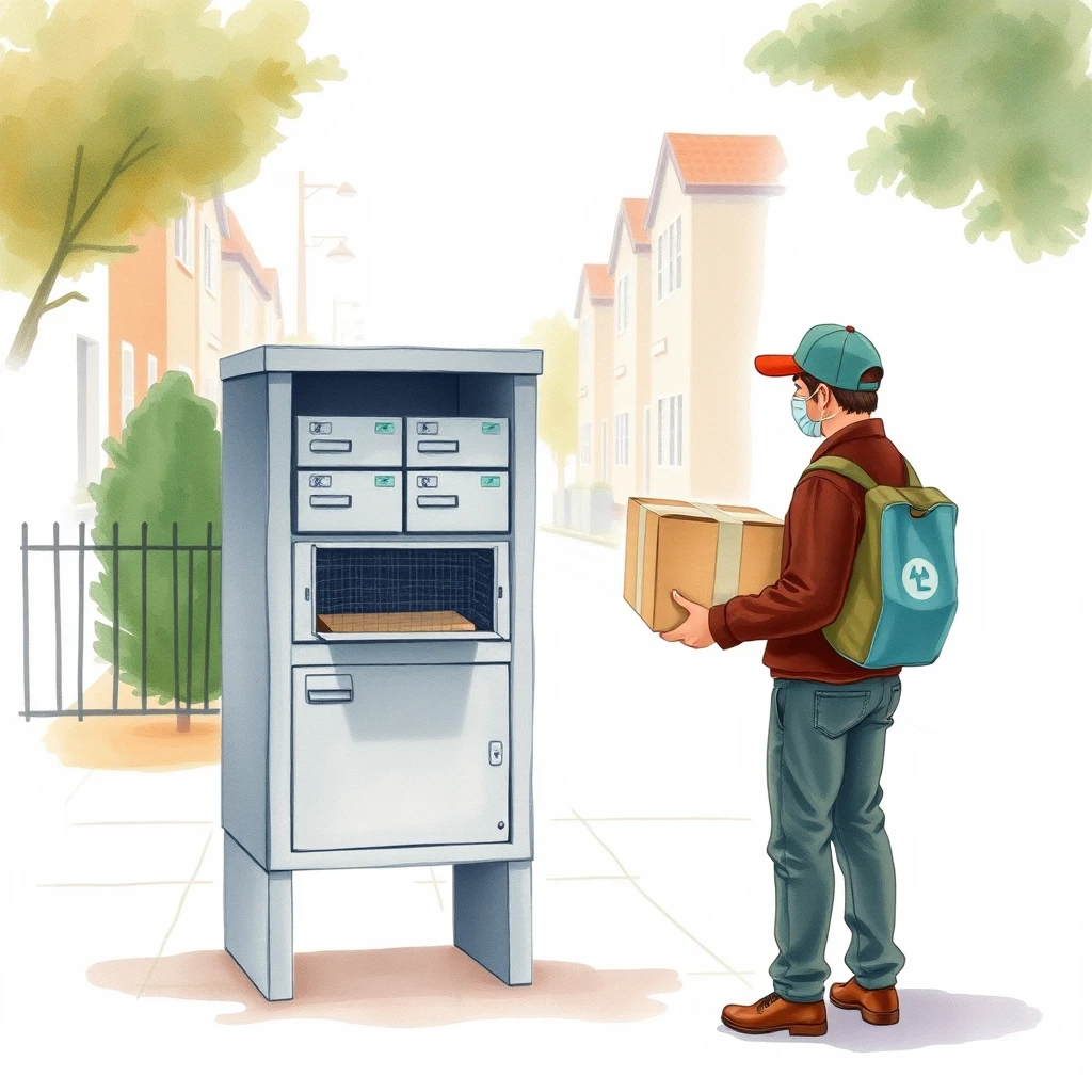 配達の通りで宅配ボックスに入れる配達員のイラスト（水彩）