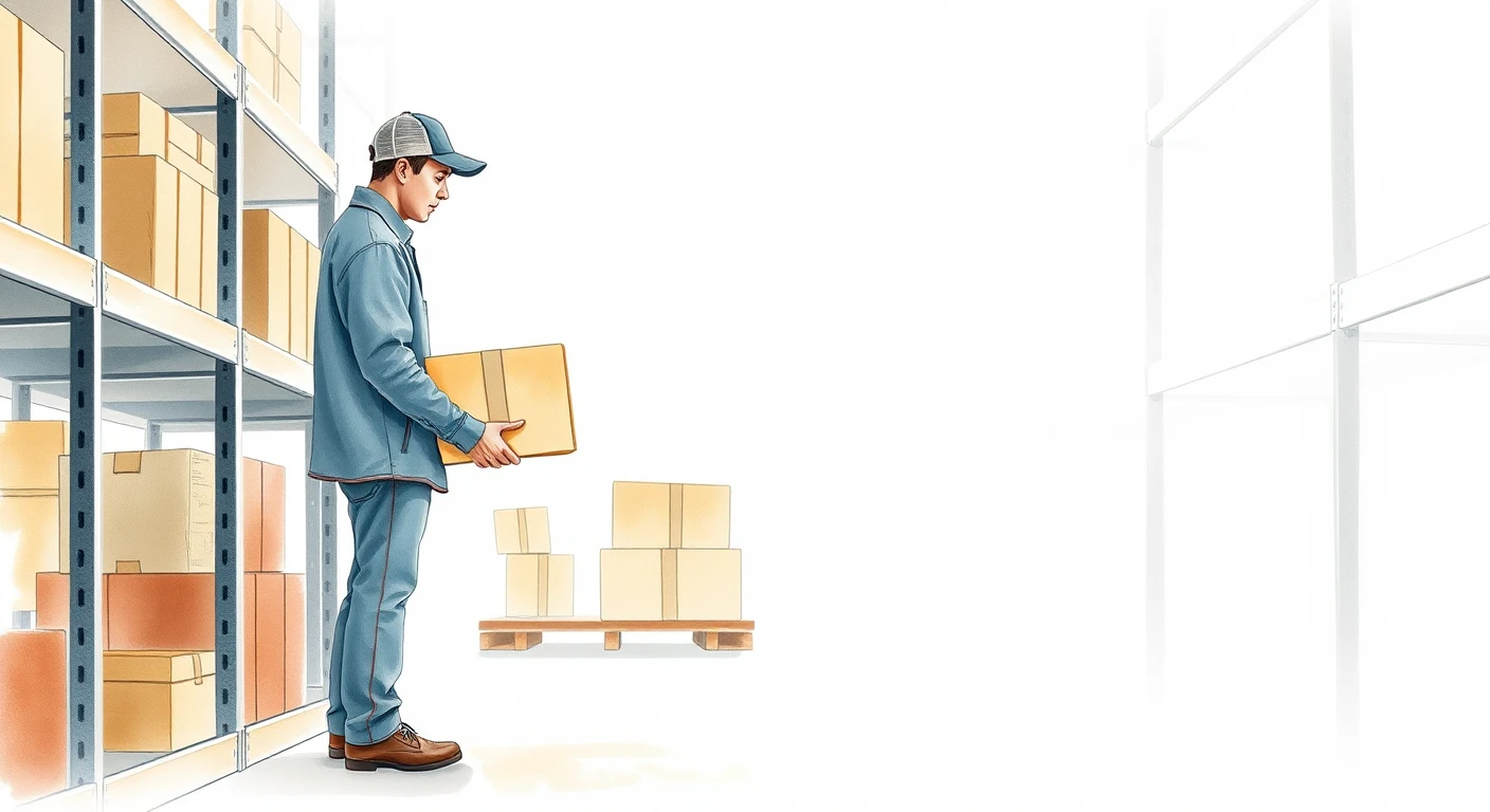 配達の倉庫で棚に荷物を置く配達員のイラスト（水彩）