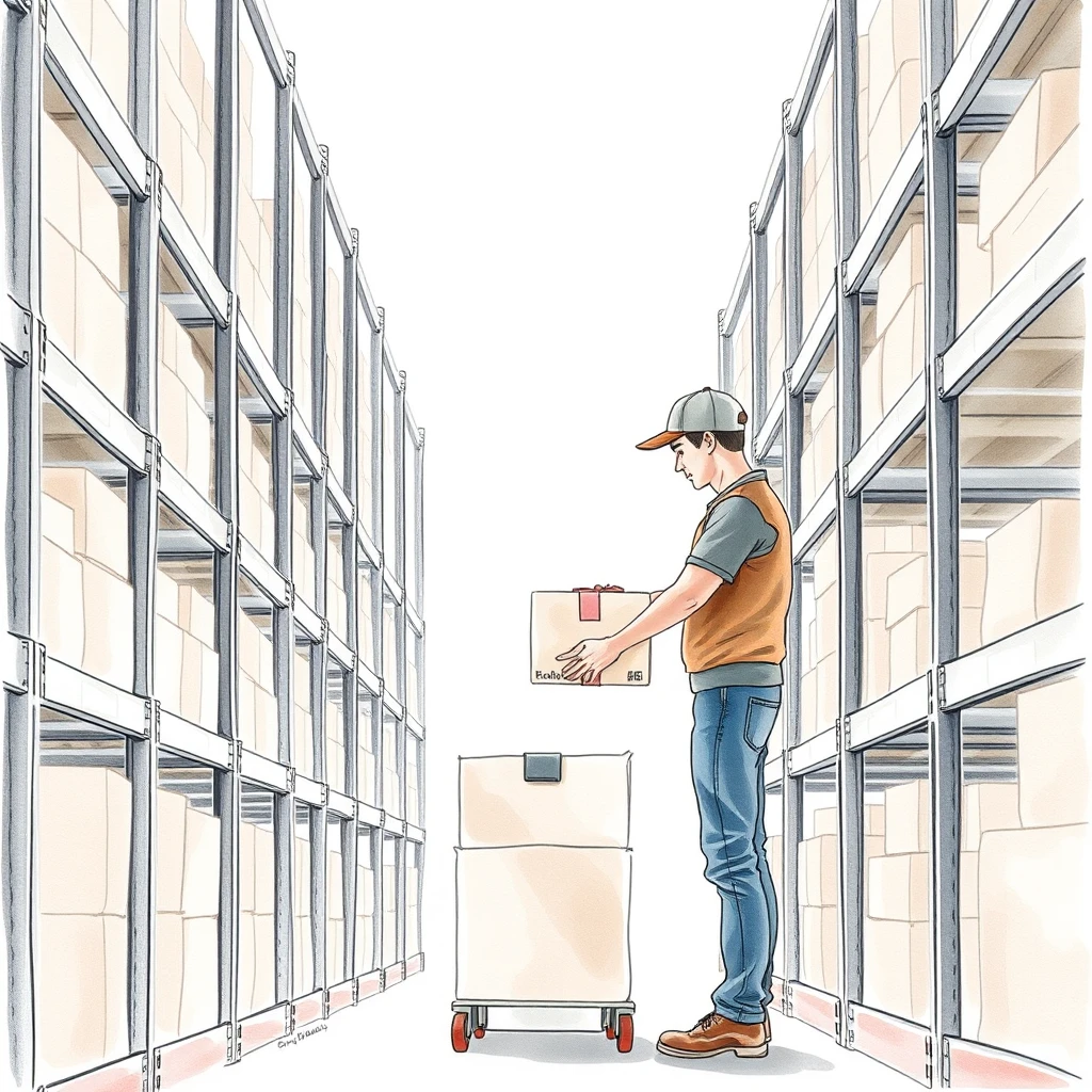 配達の倉庫で棚に荷物を置く配達員のイラスト（水彩）