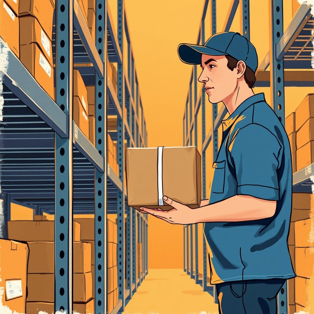 配達の倉庫で棚に荷物を置く配達員のイラスト（グアッシュ）