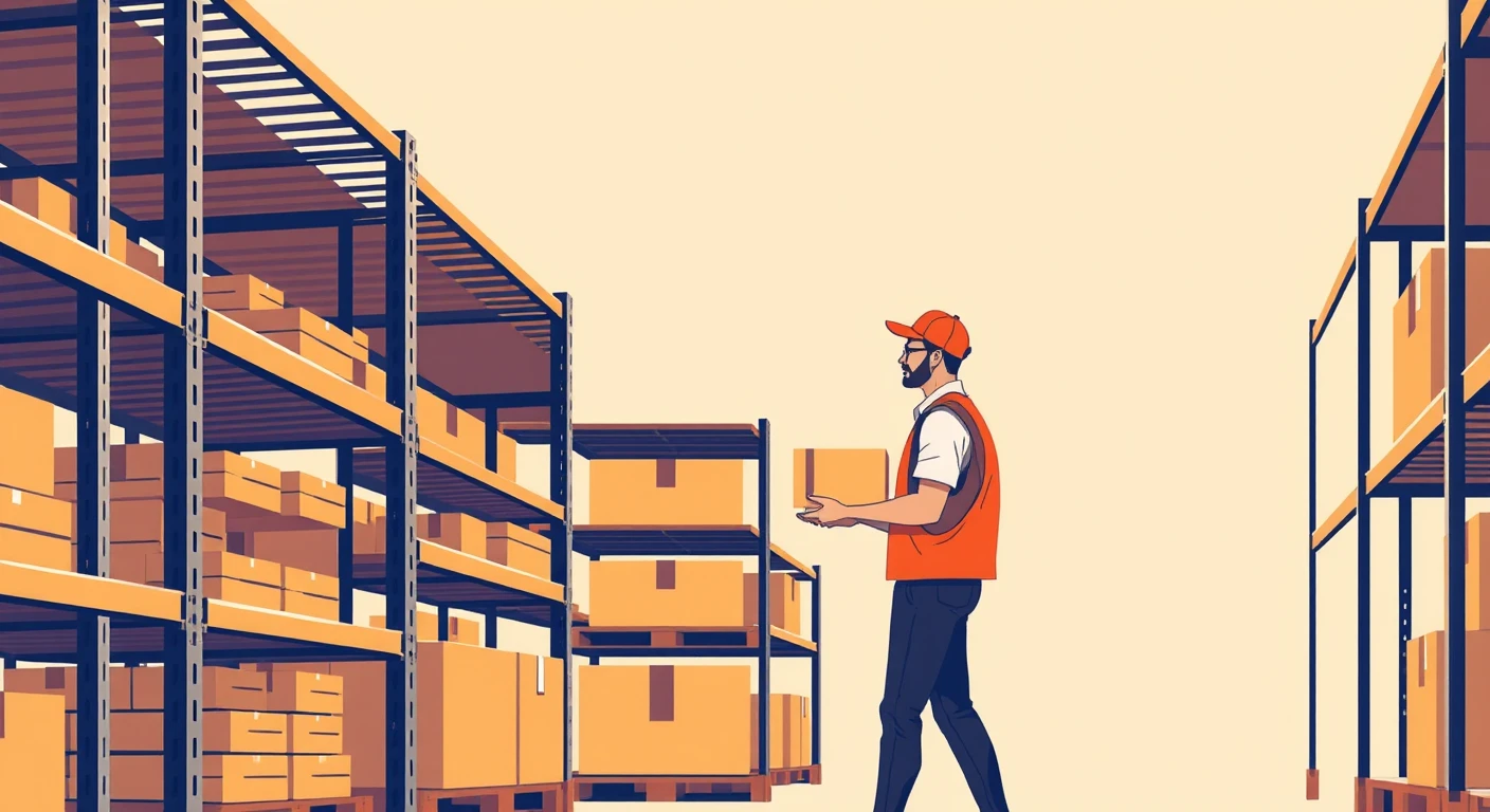 配達の倉庫で棚に荷物を置く配達員のイラスト（グラフィックポスター）