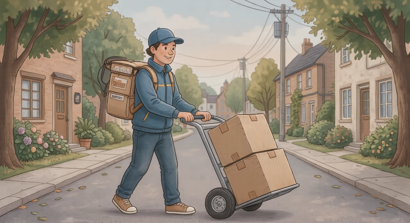 配達の通りで台車で荷物を運ぶ配達員のイラスト（ソフトパステル）