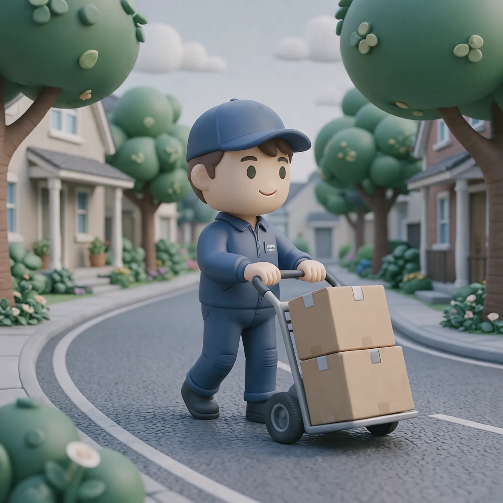 配達の通りで台車で荷物を運ぶ配達員のイラスト（ソフト3D）