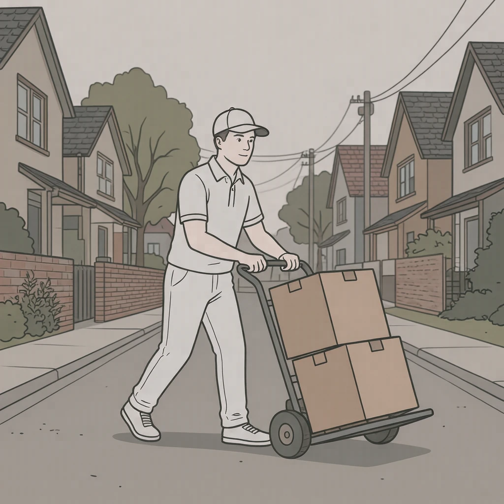 配達の通りで台車で荷物を運ぶ配達員のイラスト（シンプル線画）
