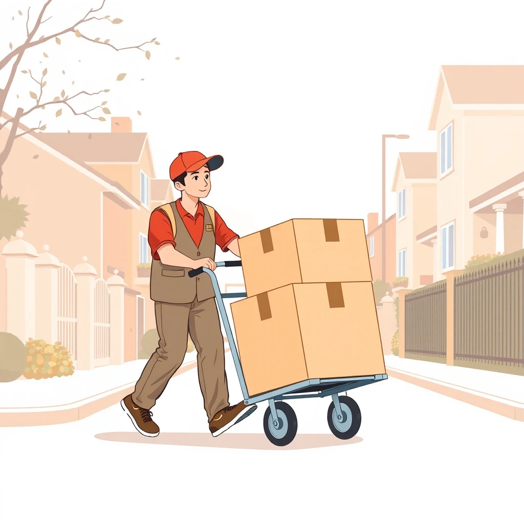 配達の通りで台車で荷物を運ぶ配達員のイラスト（ソフトパステル）