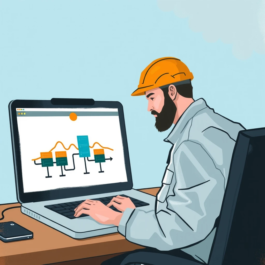 DevOpsパイプラインを監視するエンジニアのグアッシュ画風イラスト