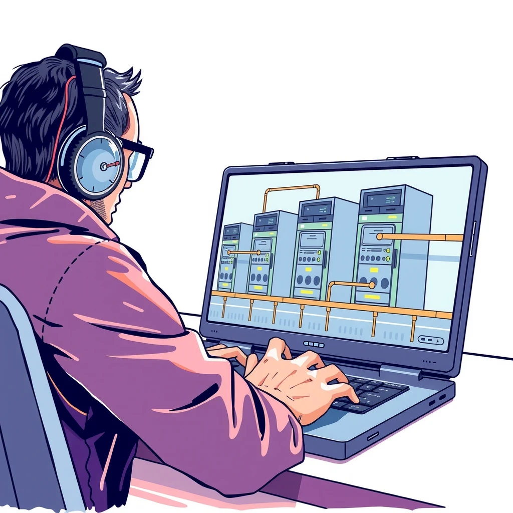 DevOpsパイプラインを監視するエンジニアの色鉛筆風イラスト
