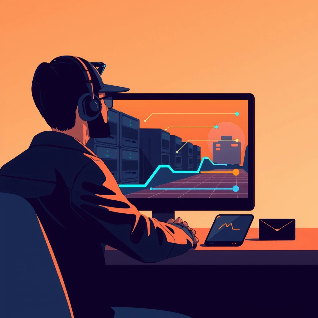 Flat illustration of an engineer monitoring a devops pipeline
