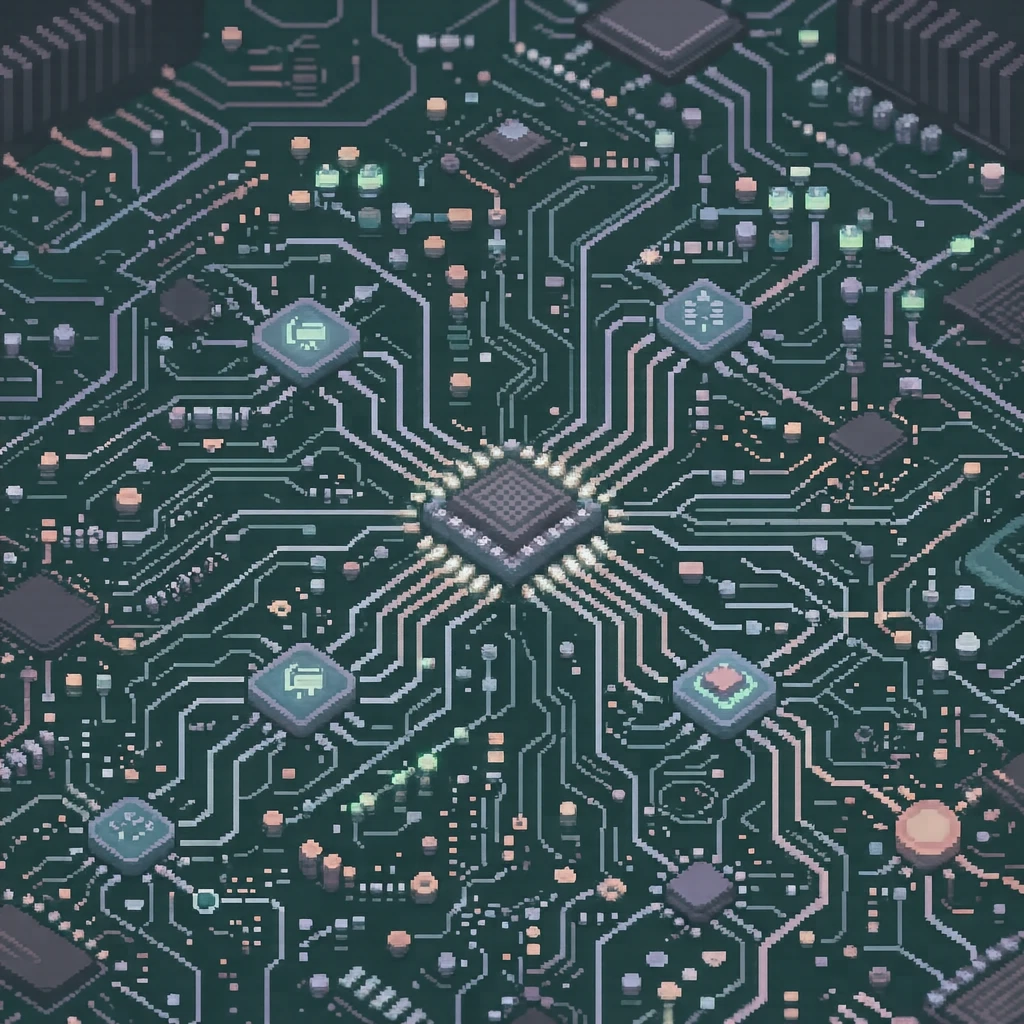 配線が広がる回路基板のイラスト（ドット絵）