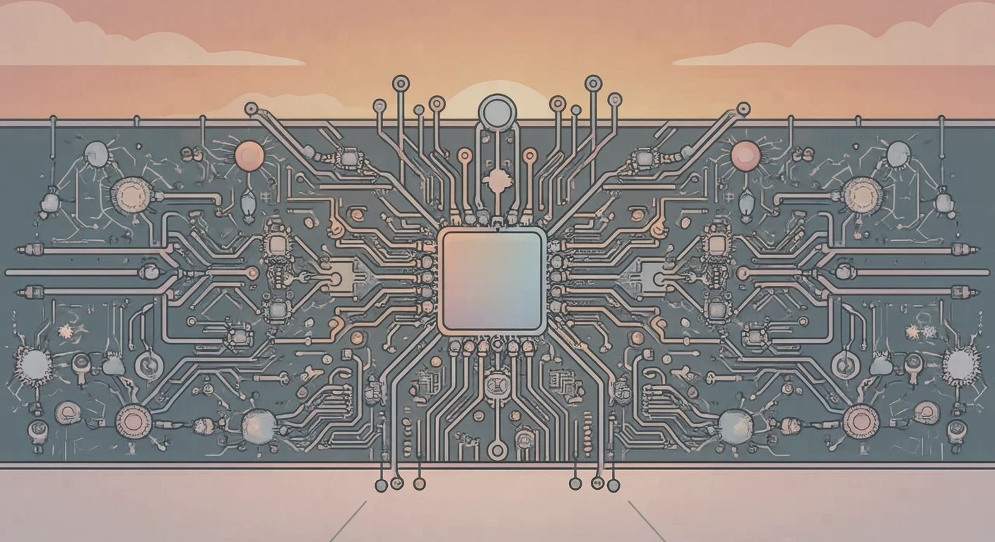 配線が広がる回路基板のイラスト（シンプル線画）