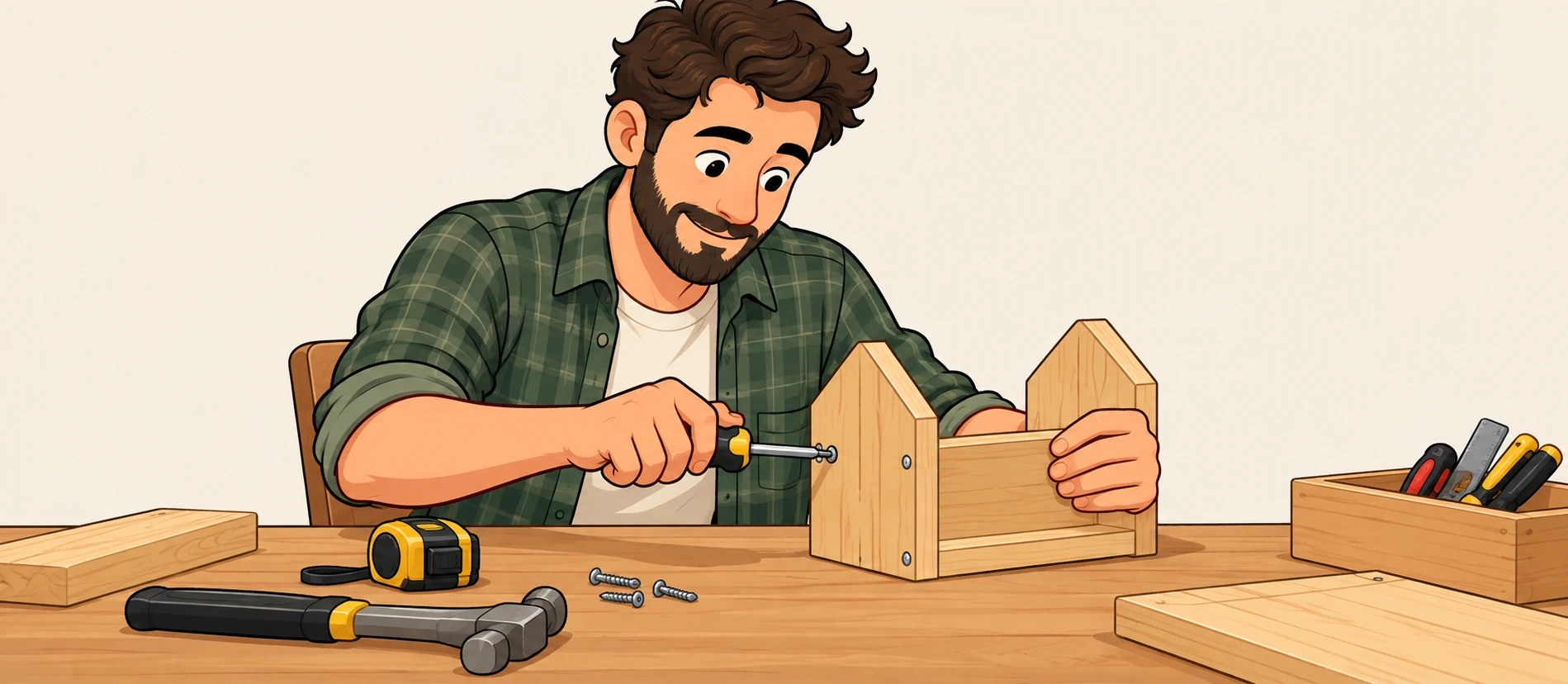 Illustration of a DIY enthusiast using tools (loose cartoon)