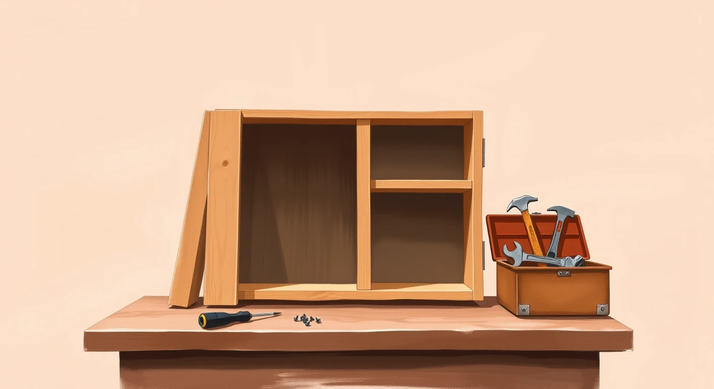 組み立て途中の木製棚と工具箱のグアッシュ画風イラスト