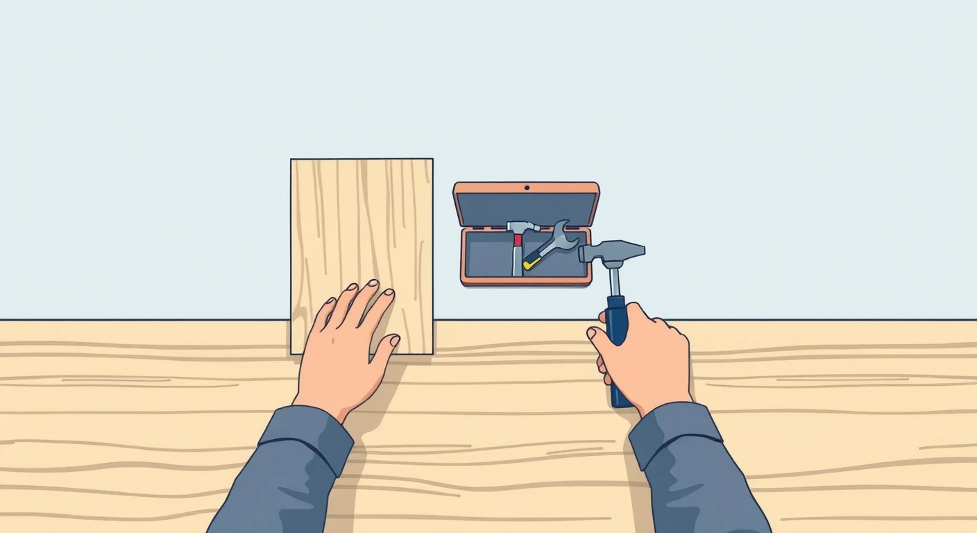 工具で棚を組み立てる手元のパステル調のイラスト