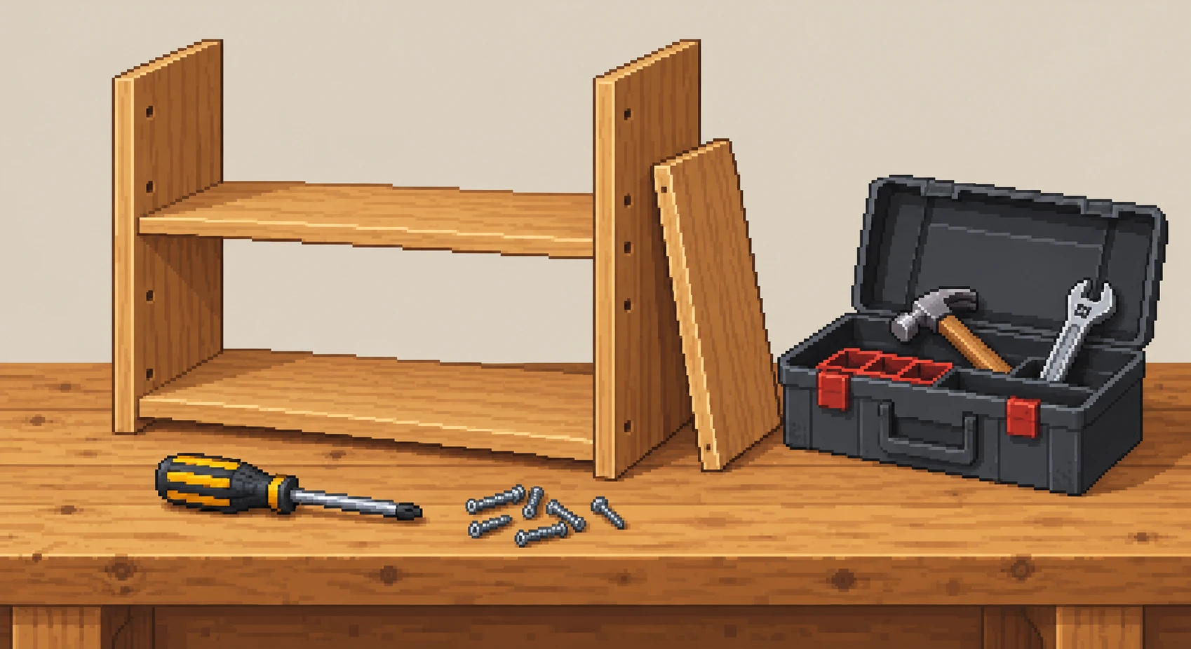 Illustration of a half-assembled wooden shelf and a toolbox (pixel art)