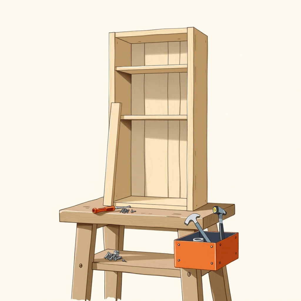組み立て途中の木製棚と工具箱のグアッシュ画風イラスト