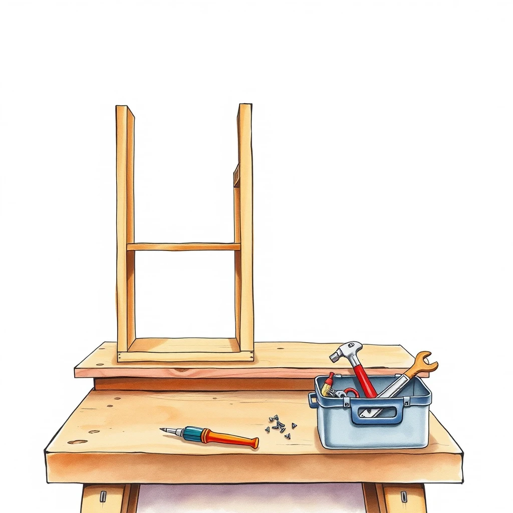 組み立て途中の木製棚と工具箱の水彩イラスト