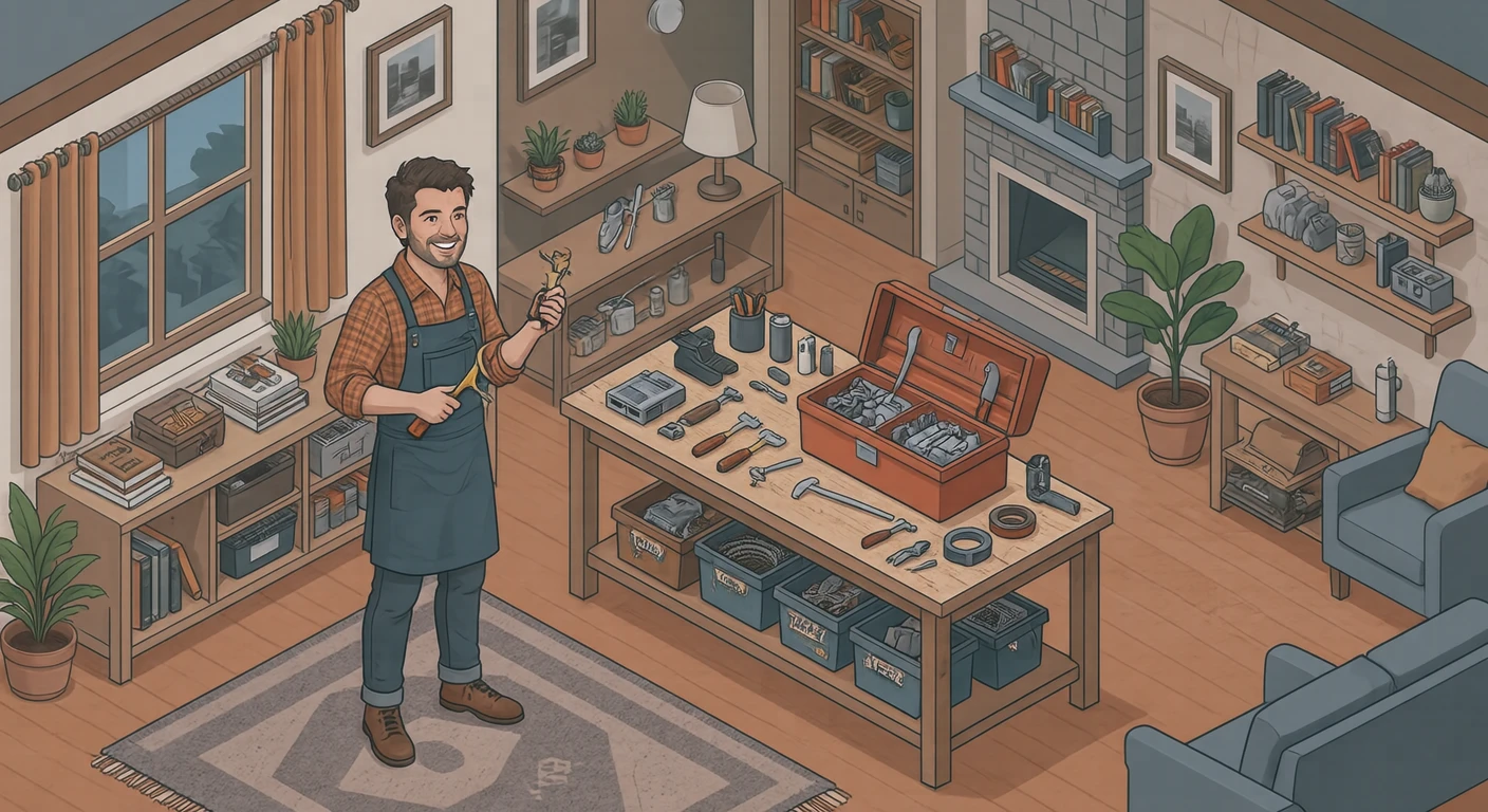 Illustration of a DIY enthusiast standing in a room with a toolbox and tools (isometric)