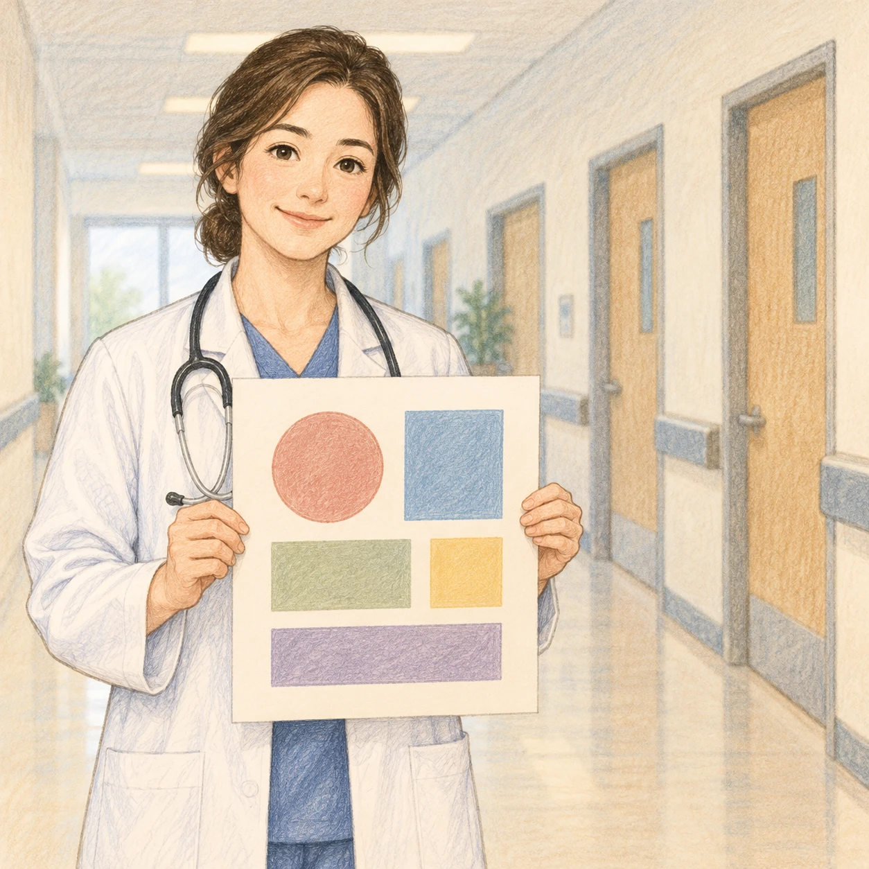 Illustration of one doctor in a white coat standing and holding up a printed chart in both hands, in a quiet hospital corridor with plain closed doors along one side, on a calm weekday morning (colored pencil)